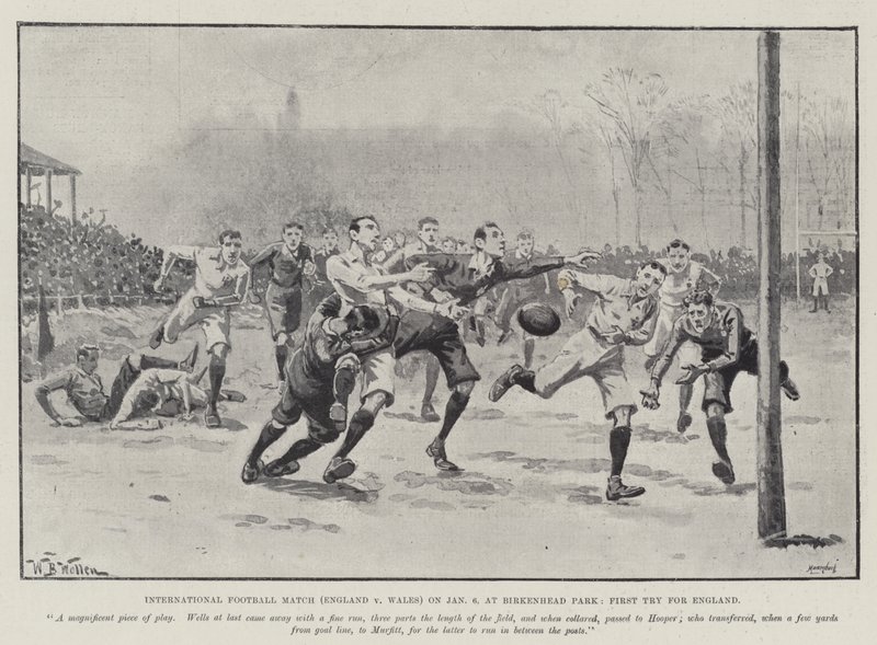 Internasjonal fotballkamp (England v Wales) 6. januar, på Birkenhead Park, første forsøk for England av William Barnes Wollen