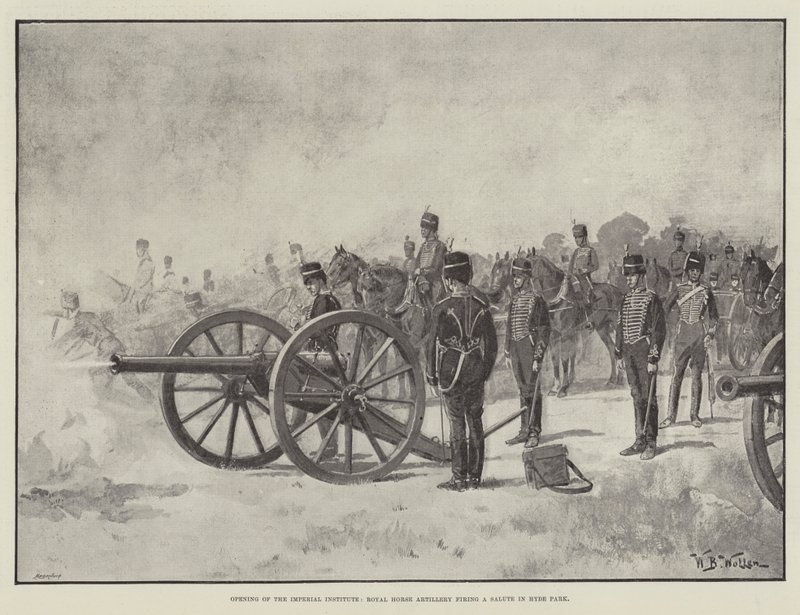 Åpning av Imperial Institute, Royal Horse Artillery avfyrer en salutt i Hyde Park av William Barnes Wollen