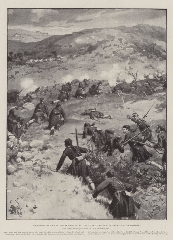 Den gresk-tyrkiske krigen, trefningen av Mont St Elias, ved Nazaros, på den makedonske grensen av William Barnes Wollen