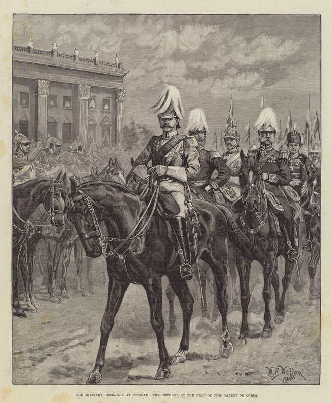 Den militære seremonien i Potsdam, keiseren i spissen for Gardes du Corps av William Barnes Wollen