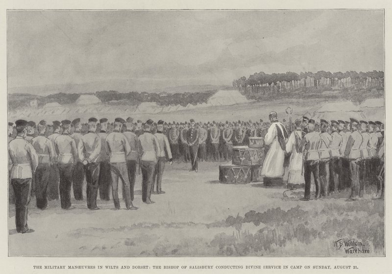 The Military Maneuvers in Wilts and Dorset, biskopen av Salisbury gjennomfører gudstjeneste i leiren søndag 21. august av William Barnes Wollen
