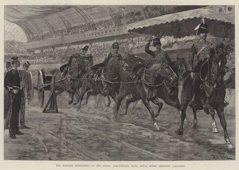 Militærturneringen i Royal Agricultural Hall, Royal Horse Artillery galopperende av William Barnes Wollen