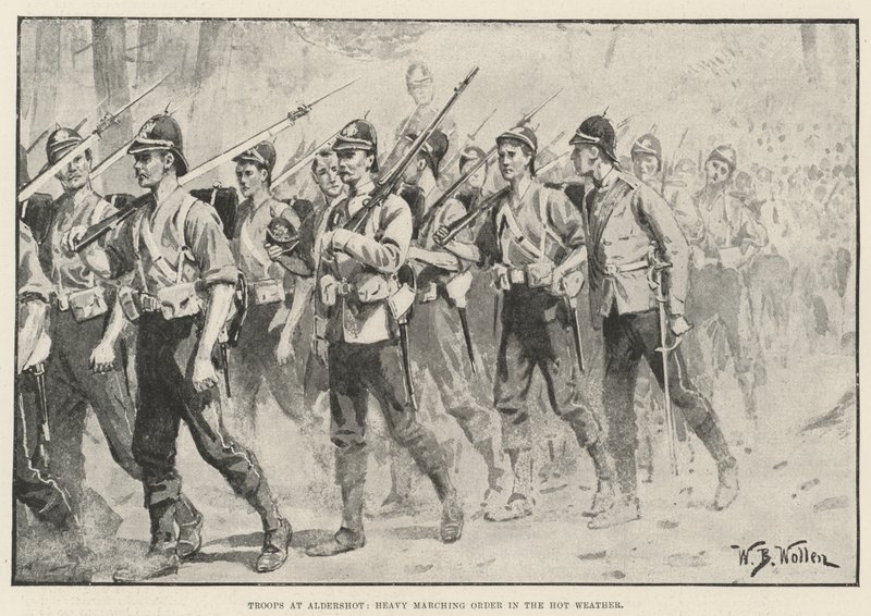 Tropper ved Aldershot, Heavy Marching Order in the Hot Weather av William Barnes Wollen