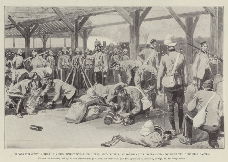 Tropper for Sør-Afrika, 7th Detachment Royal Engineers, fra Dublin, ved Southampton Docks Shed ved siden av Braemar Castle av William Barnes Wollen