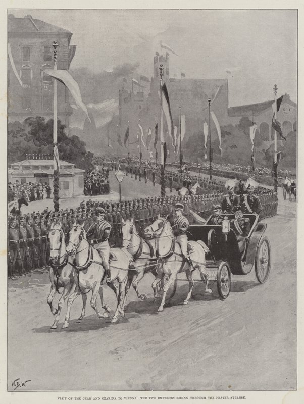 Besøk av tsaren og tsarinaen til Wien, de to keiserne som rir gjennom Prater Strasse av William Barnes Wollen