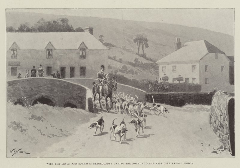 Med Devon og Somerset Staghounds, tar du Hounds til møtet over Exford Bridge av William Barnes Wollen