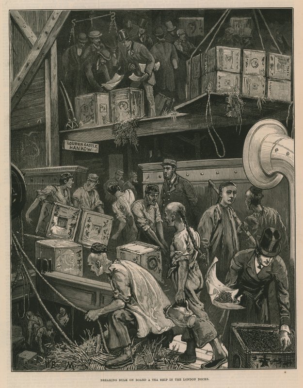 Å bryte bulk om bord på et teskip i London-bryggene (gravering) av William Bazett Murray