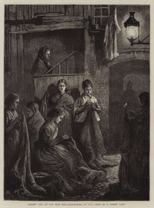 London Life at the East End, sekkfremstilling av lyset fra en gatelampe (gravering) av William Bazett Murray