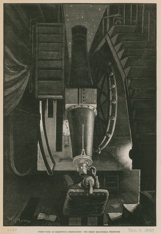 Nattarbeid ved Greenwich Observatory; Det store ekvatorialteleskopet (gravering) av William Bazett Murray