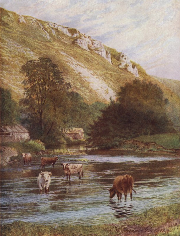 On the Wye, Upper Dale Farm, Monsal Dale (farge litho) av William Biscombe Gardner