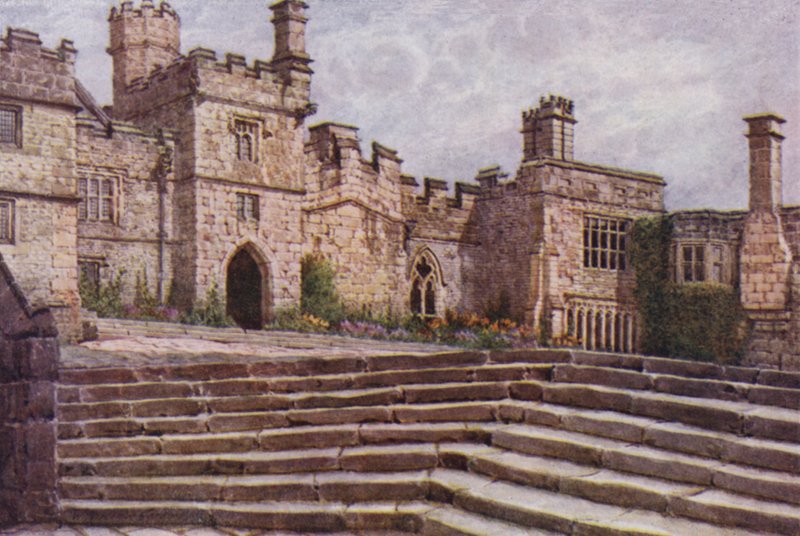 The Lower Courtyard, Haddon Hall (farge litho) av William Biscombe Gardner