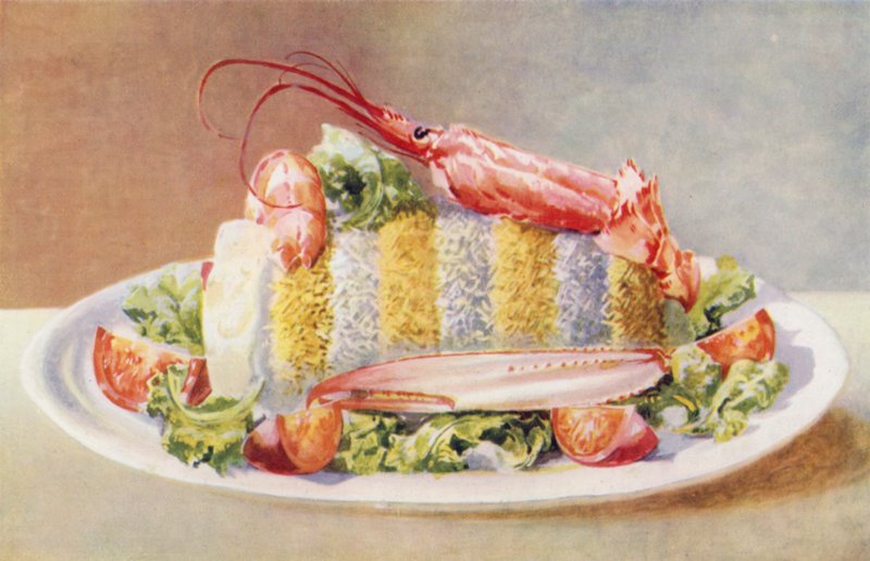 Tilberedt torsk med kreps (fargelitografi) av William Bradshaw Handforth