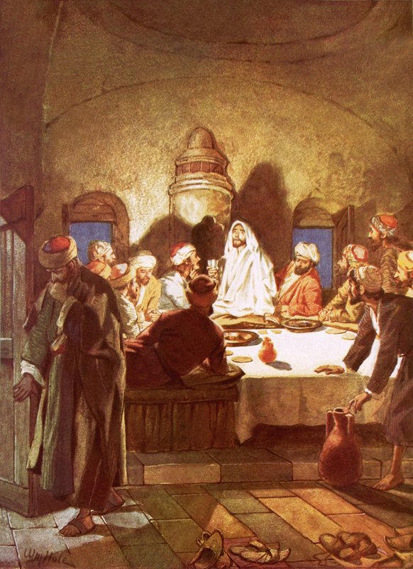 Jesus bryter brødet og ga sine disipler begeret av William Brassey Hole