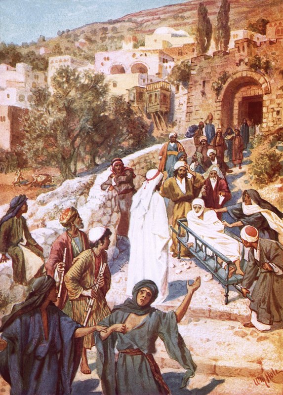 Jesus vekker en ung mann fra de døde i en by som heter Nain av William Brassey Hole
