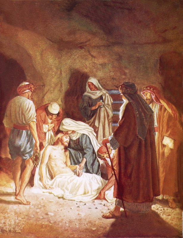 Josef av Arimathaea ligger Jesu legeme i sin egen grav av William Brassey Hole