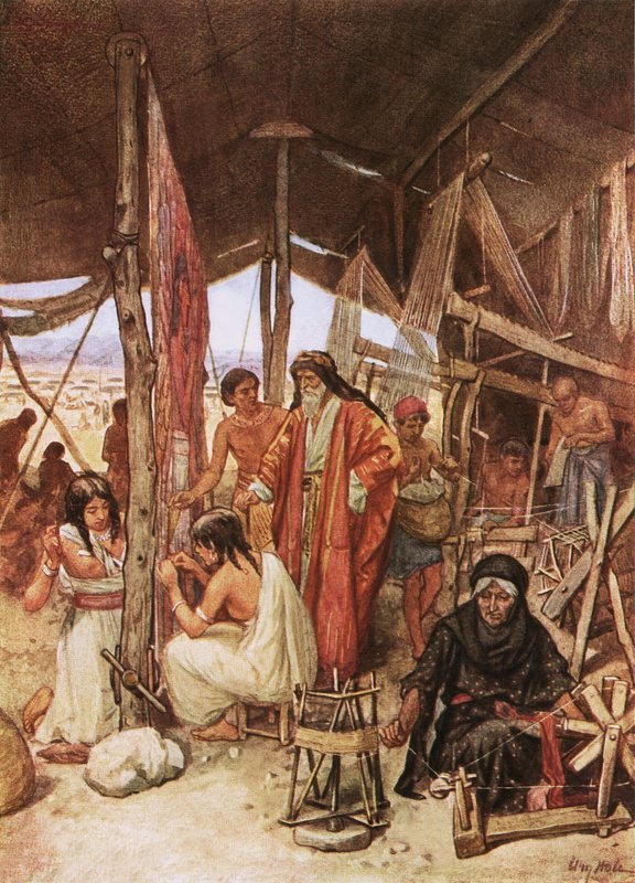 Moses undersøkte vevingen og broderingen av opphengene til Tebernacle av William Brassey Hole