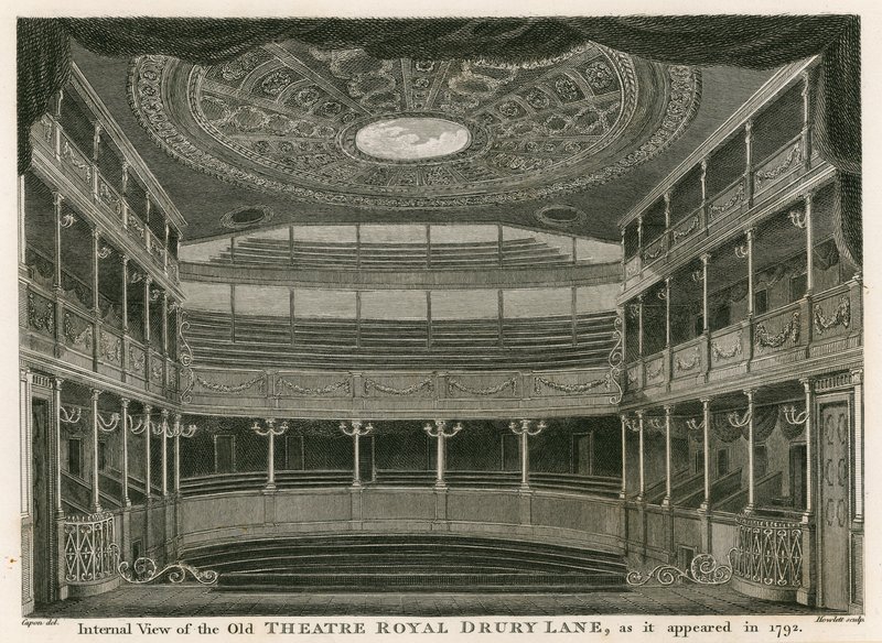 Innvendig utsikt over det gamle Theatre Royal, Drury Lane, London, slik det så ut i 1792 av William Capon