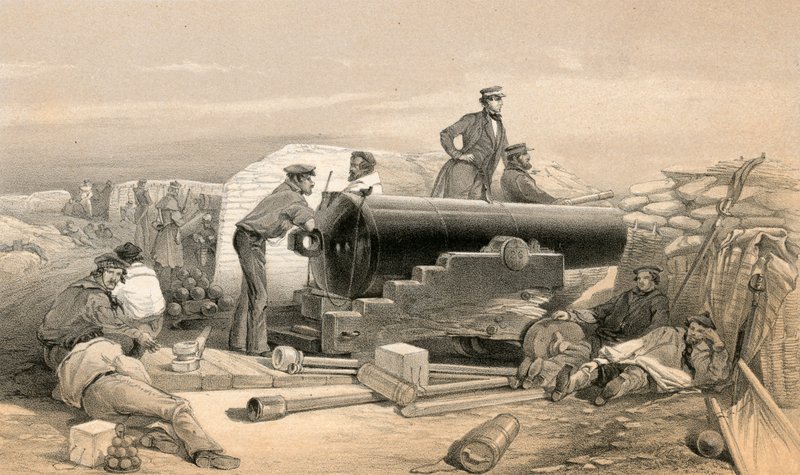 En stille dag i diamantbatteriet, Portrait of a Lancaster 68 Pounder, 15. desember 1854 av William Crimea Simpson