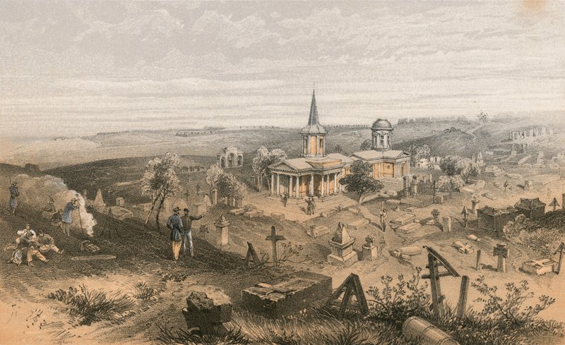 Karantenekirkegård og kirke med fransk batteri nr. 50 av William Crimea Simpson