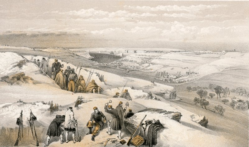 Sebastopol fra 26 Gun Battery ytterst til høyre for det franske angrepet av William Crimea Simpson