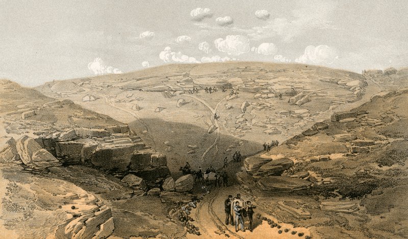 The Valley of the Shadow of Death, huler i Woronzoff Road bak 21 Gun Battery av William Crimea Simpson