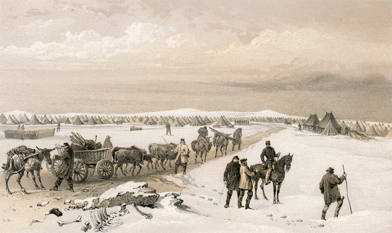 1. divisjons leir, ser nordover mot 2. divisjons leir, Inkermanns høyder i det fjerne av William Crimea Simpson