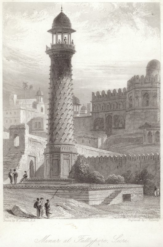 Minar på Futtypore Sicri av William Daniell