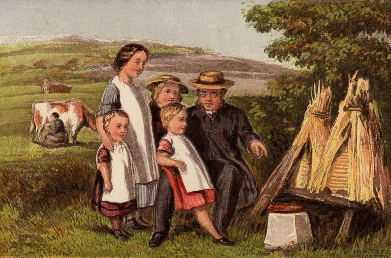 Bransje: familie på landsbygda med bikuber (chromolitho) av William Dickes