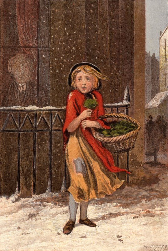 Stakkars jente som selger brønnkarse på en snødekt gate (chromolitho) av William Dickes