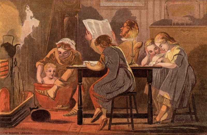 Lørdagskveld: en familie som leser og underholder seg selv om kvelden (chromolitho) av William Dickes
