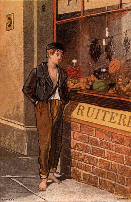 Fristelse: stakkars ung mann ser inn i et butikkvindu på tropiske frukter (chromolitho) av William Dickes