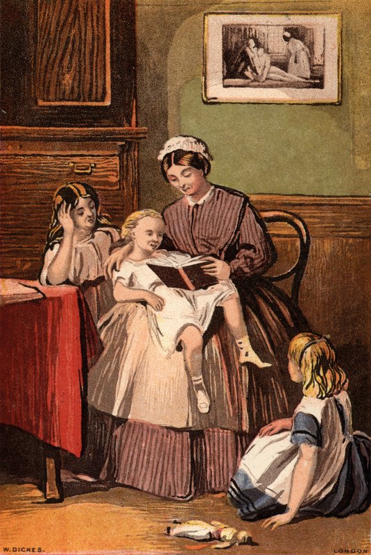 Den snille tjeneren: en hushjelp som leser for små barn (chromolitho) av William Dickes