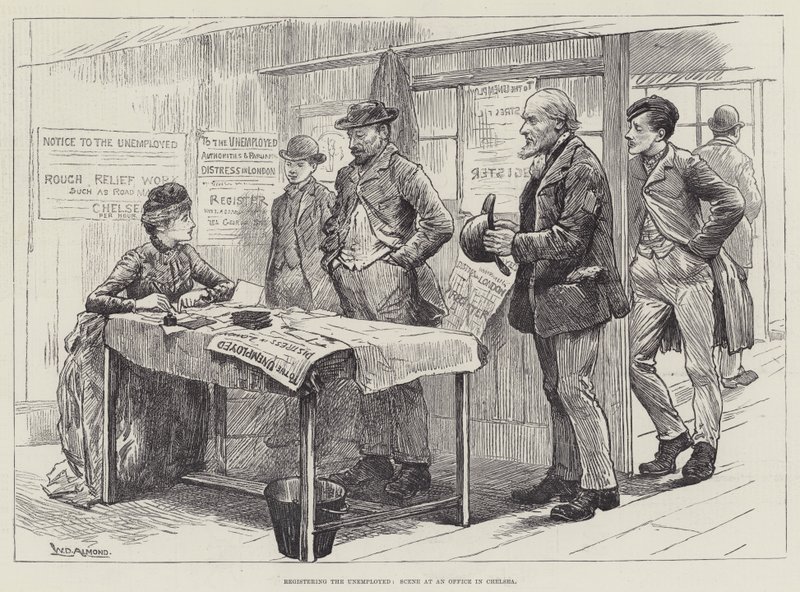 Registrering av arbeidsledige, scene på et kontor i Chelsea av William Douglas Almond