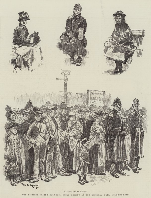 Nøden i East-End, flott møte i forsamlingshuset, Mile-End-Road av William Douglas Almond