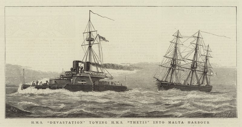 HMS Devastation sleper HMS Thetis inn i Malta havn av William Edward Atkins
