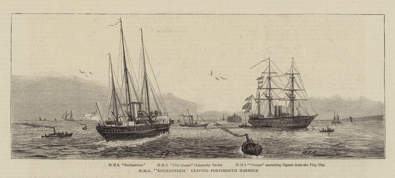 HMS Enchantress forlater Portsmouth Harbor av William Edward Atkins