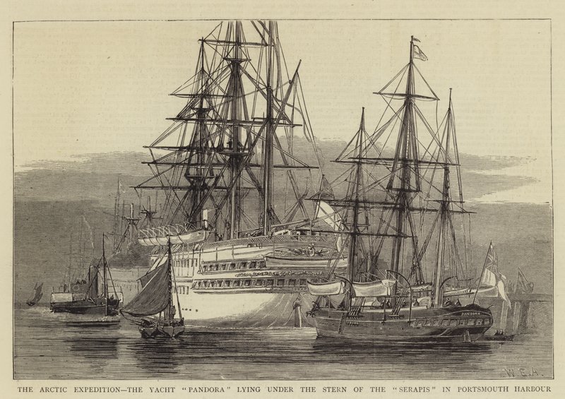 Den arktiske ekspedisjonen, Yacht Pandora som ligger under akterenden av Serapis i Portsmouth havn av William Edward Atkins