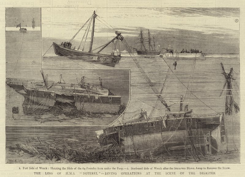 Tapet av HMS Doterel, dykkeoperasjoner på ulykkesstedet av William Edward Atkins