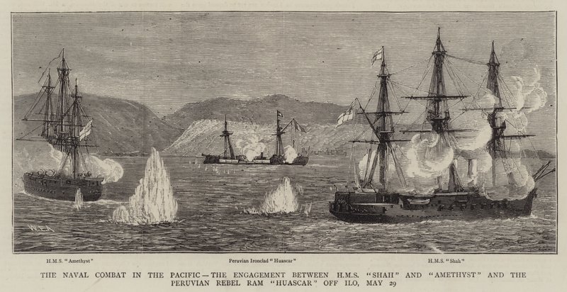 Sjøkampen i Stillehavet, forlovelsen mellom HMS Shah og Amethyst og den peruanske opprøreren Ram Huascar utenfor Ilo, 29. mai av William Edward Atkins