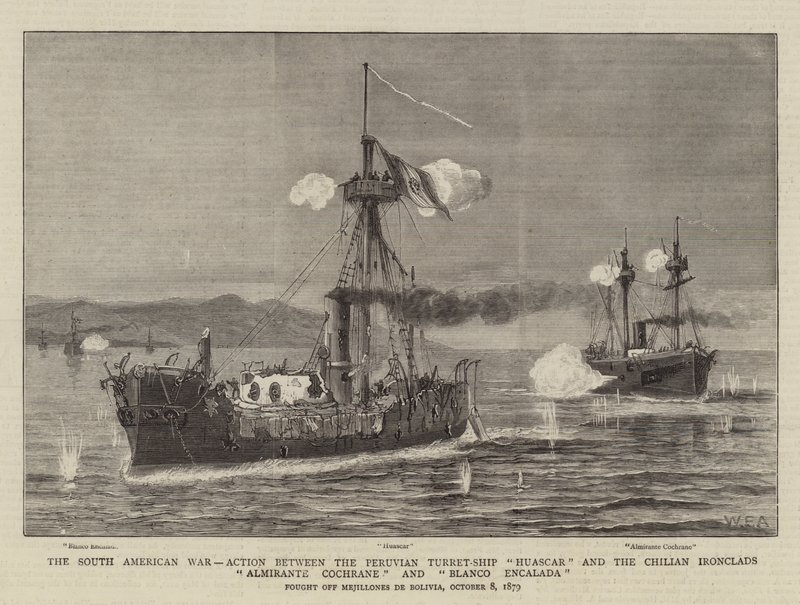 Den søramerikanske krigen, handling mellom det peruanske turret-skipet Huascar og de chilenske jernkledde Almirante Cochrane og Blanco Encalada av William Edward Atkins