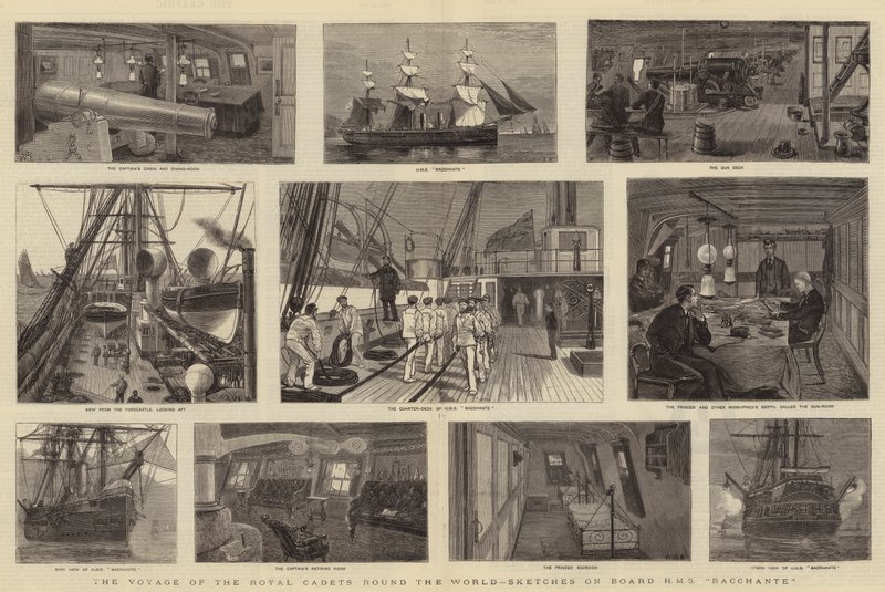 Reisen til de kongelige kadettene jorden rundt, skisser om bord på HMS Bacchante av William Edward Atkins