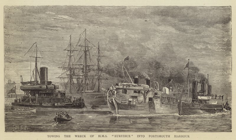 Tauing av vraket av HMS Eurydice inn i Portsmouth havn av William Edward Atkins