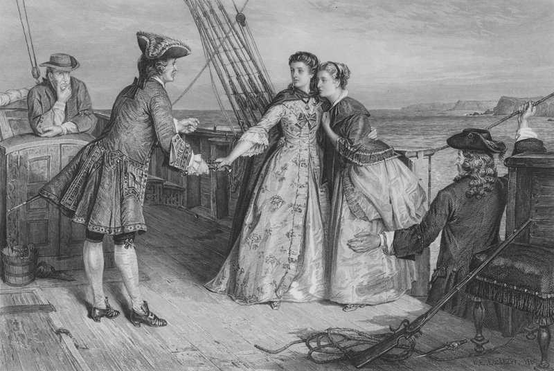 Minna tar pistolen fra Bunce for å forsvare seg selv og søsteren (gravering) av William Ewart Lockart