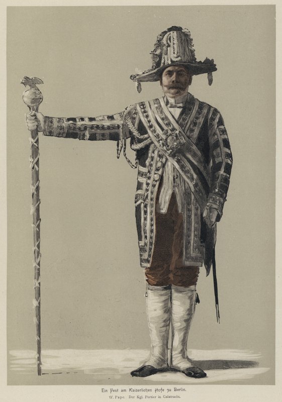 Kongelig dørvakt i gallakostyme ved en fest ved det keiserlige tyske hoff i Berlin (farget gravering) av William Friedrich Georg Pape
