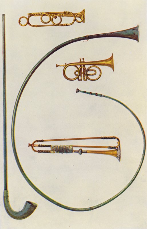Musikkinstrumenter: Lituus og Buccina, kornett, trompeter (farge litho) av William Gibb