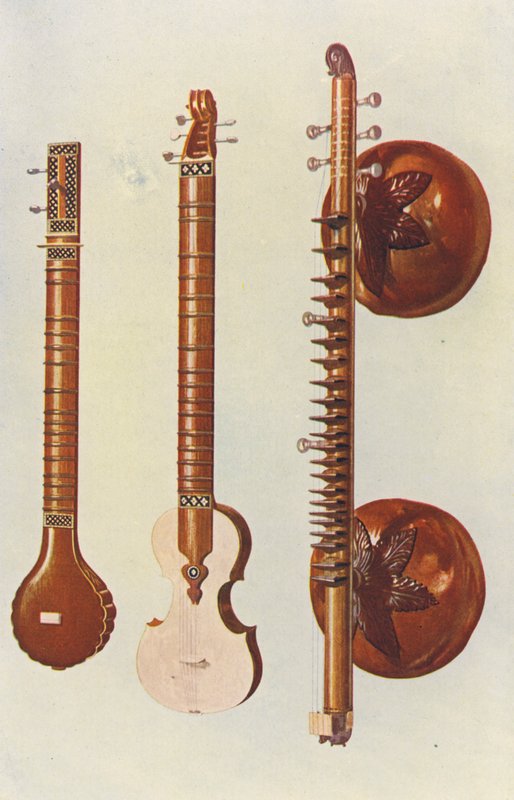 Musikkinstrumenter: Sitars og Vina (farge litho) av William Gibb