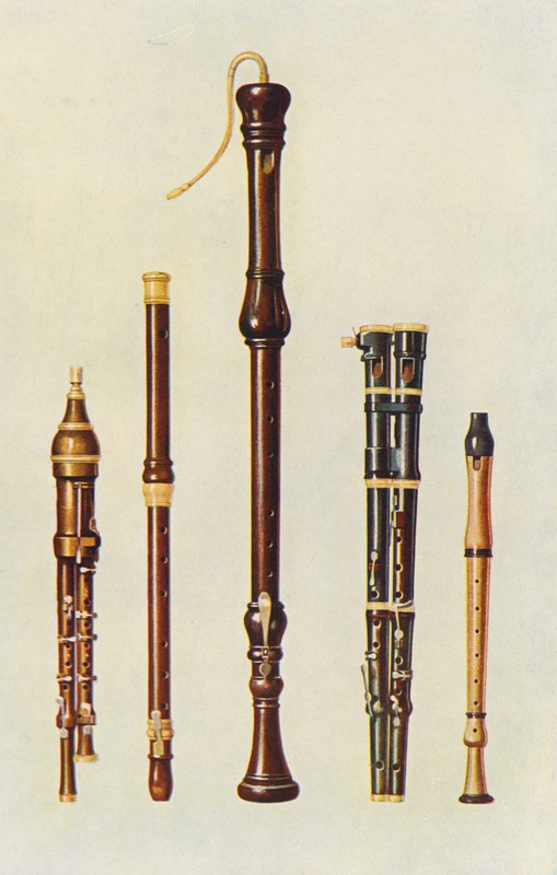 Musikkinstrumenter: To doble flageoletter, en tysk fløyte og to fløyter doucer (farge litho) av William Gibb