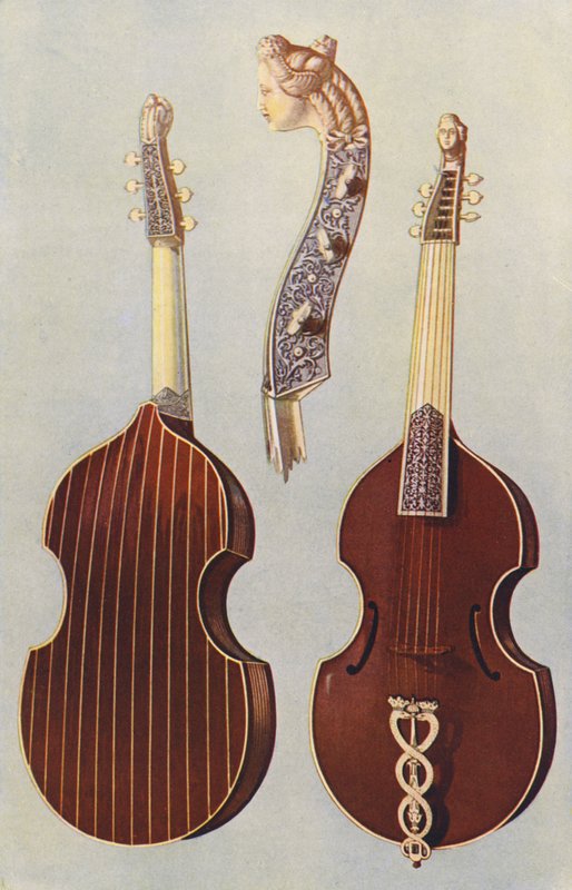 Musikkinstrumenter: Viola da gamba (farge litho) av William Gibb
