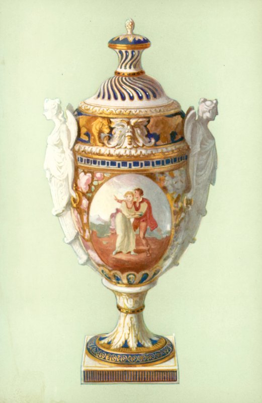 Vase, Chelsea-Derby, med kjekshåndtak (farge litho) av William Gibb