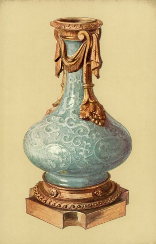 Vase, kinesisk Celadon Ware med Louis XVI, Ormolu Mount (farge litho) av William Gibb